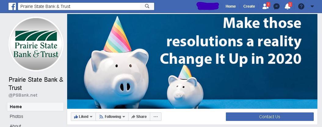 Facebook screen shot with Facebook Logo and Prairie State Bank & Trust logo. Includes images of White Pigs with Rainbow Party